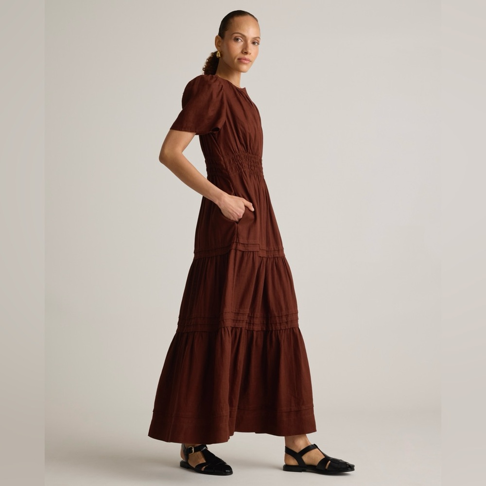 Quince Brown Maxi Dress with Puff Sleeves and Crew Neck